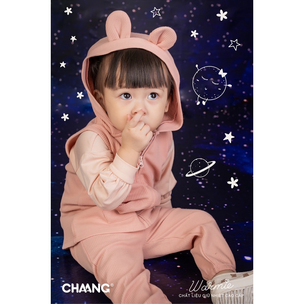 Áo gile kéo khóa có mũ trẻ em họa tiết Chaang