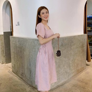 Đầm váy caro hồng đan dây eo
