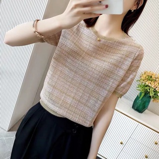 Áo thun dệt kim tay ngắn cổ tròn họa tiết kẻ sọc thời trang cho nữ