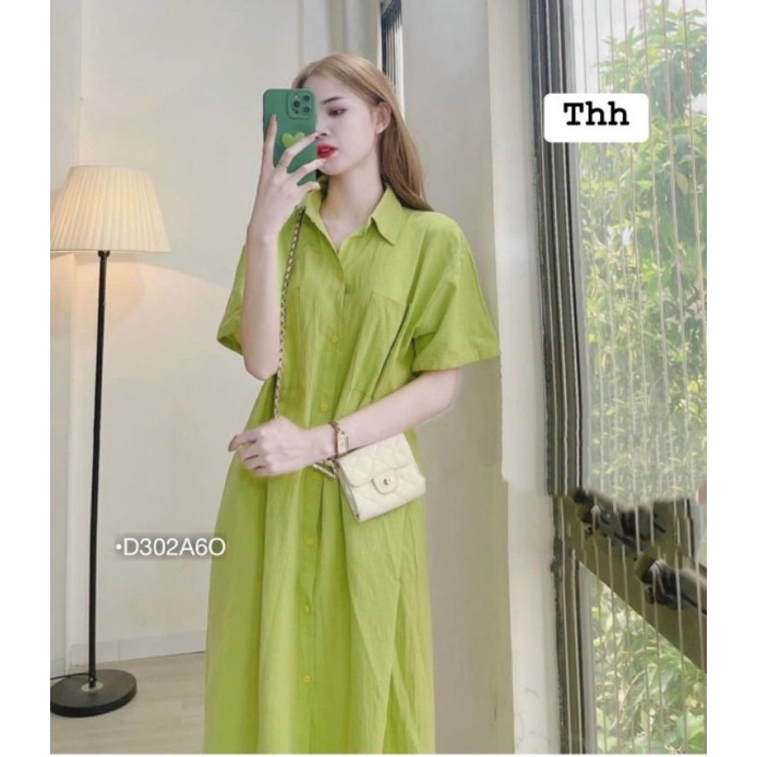 Đầm Dài Maxi Đi Biển Váy Sơ Mi Đũi Xanh Chuối Dáng Suông Ngắn Tay Cổ Đức BEBEDOLL