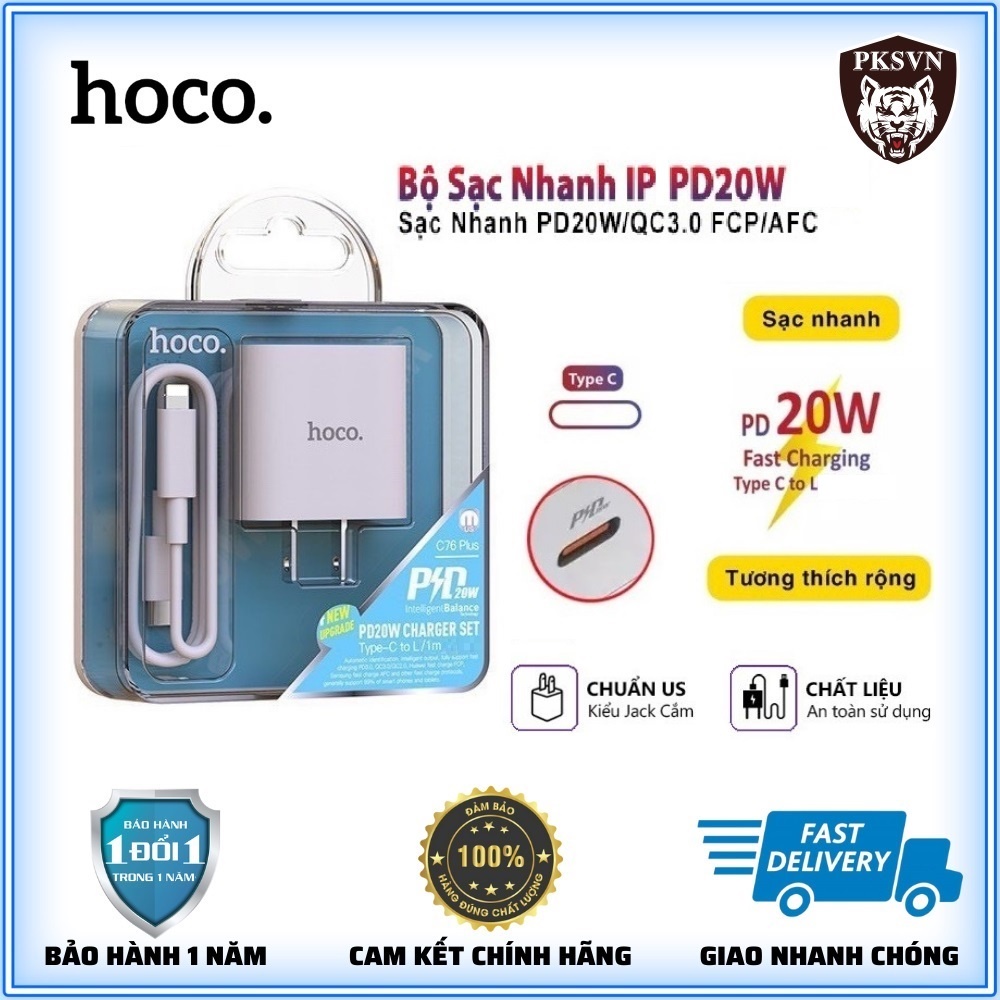 Bộ Sạc Nhanh IPPD 20W Hoco C76 Cao Cấp-Bộ Củ Cáp Sạc Siêu Tốc Sạc 50% Pin Trong 30 Phút-BH 1 Năm