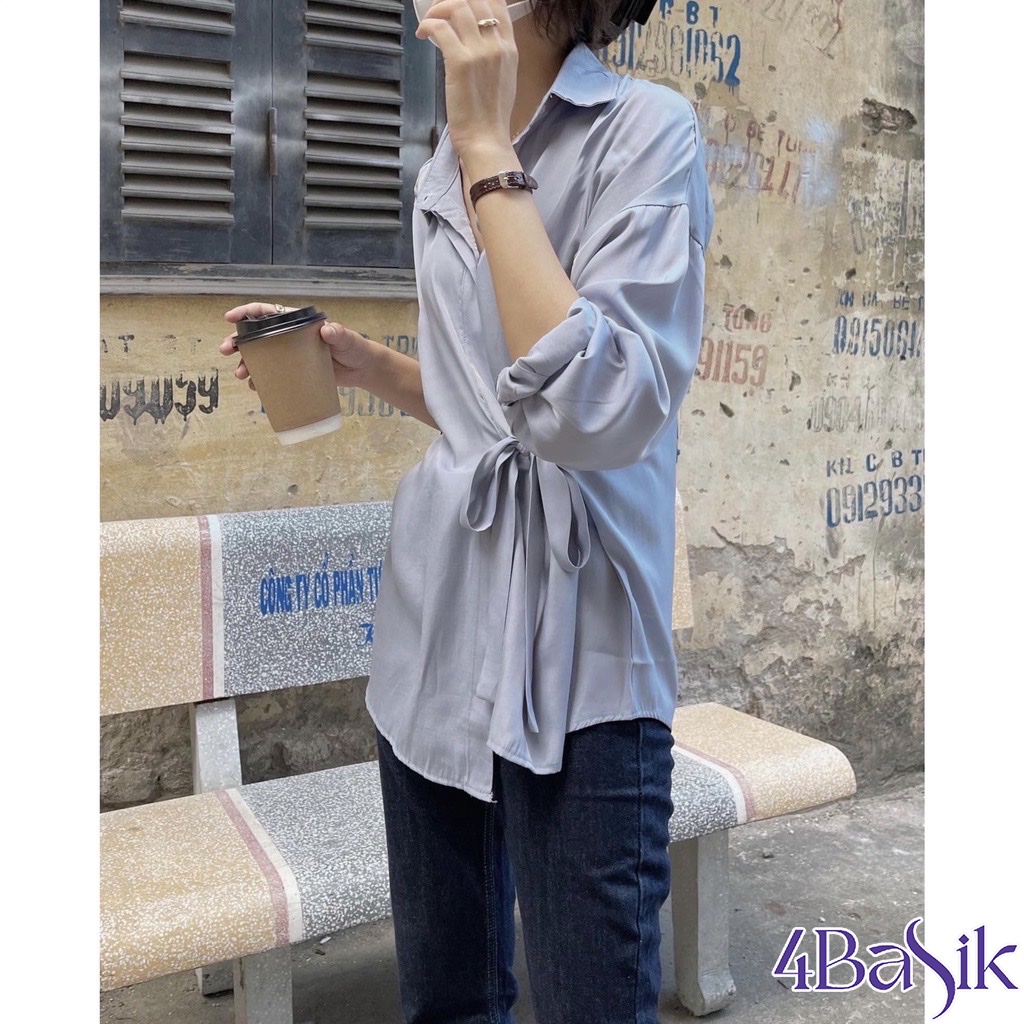 Áo sơ mi nữ lụa hàn form rộng kiểu buộc nơ eo dài tay màu trắng xanh be trơn xu hướng hàn quốc vintage 2022 - SM12