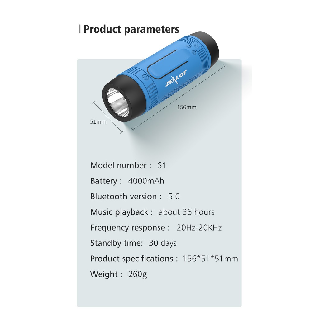Loa Bluetooth Không Dây Zealot S1 Tích Hợp Đèn Pin Chất Lượng Cao