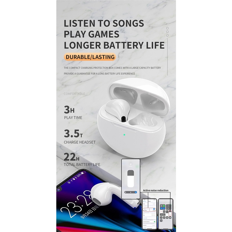 Tai Nghe Bluetooth 5.0 Không Dây Pro6 TWS Cảm Ứng Phong Cách Thể Thao Cho iPhone Xiaomi