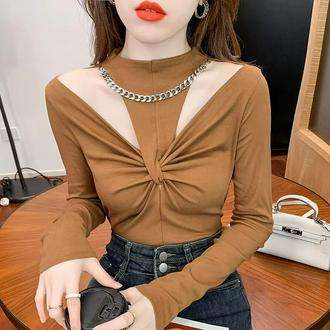 Áo thun tay dài hở vai ôm dáng năm 2021 thời trang mùa thu cho nữ