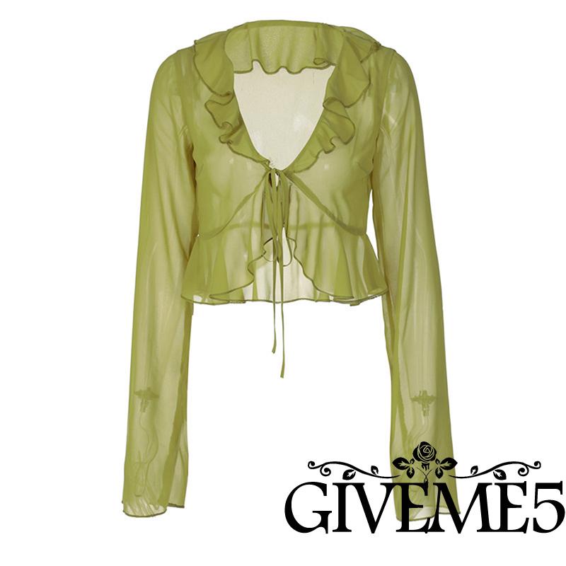 Áo Croptop Tay Loe Dài Cổ Chữ V Xẻ Sâu Gợi Cảm Cho Nữ