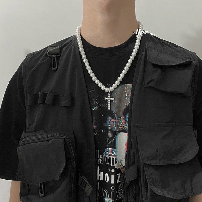 Dây chuyền 22496 mặt thánh giá đính ngọc trai phong cách hip hop thời trang đường phố độc đáo