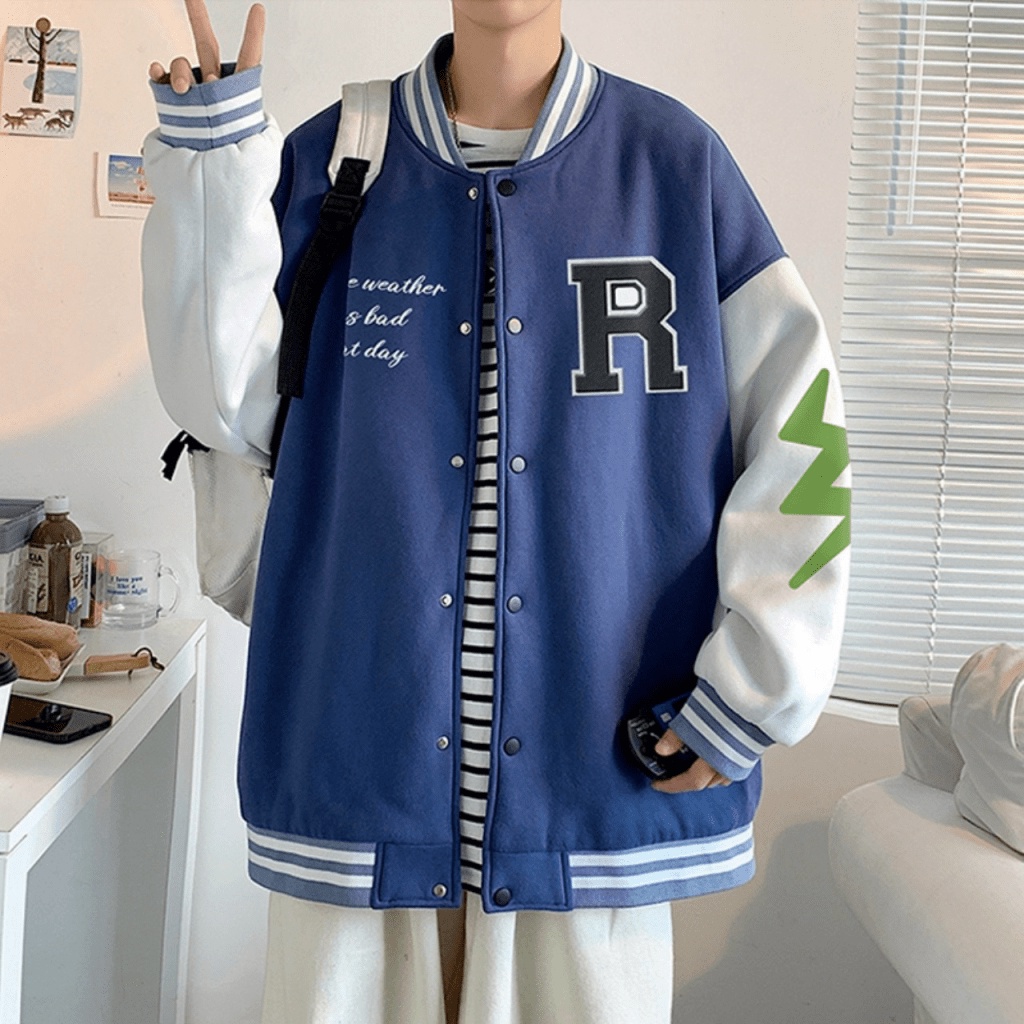 ÁO KHOÁC BOMBER NAM HỌA TIẾT CHỮ R TIA SÉT CÁNH TAY THỜI TRANG CÁ TÍNH SÀNH ĐIỆU