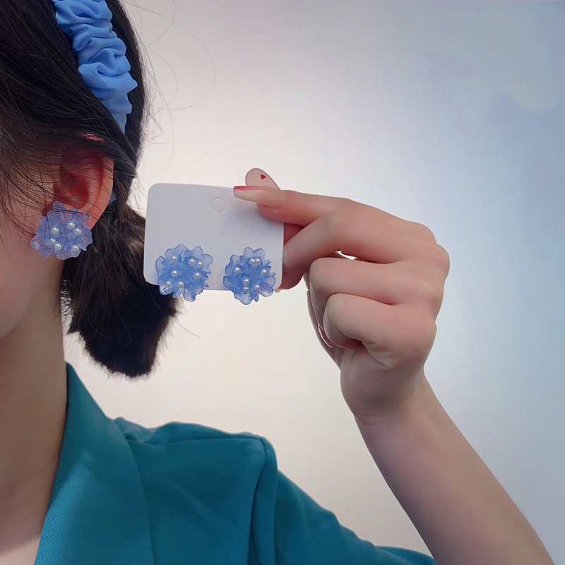 Bông Tai Mạ Bạc 925 Hình Hoa Trà Đính Ngọc Trai Xanh Dương Trong Suốt Phong Cách Mới