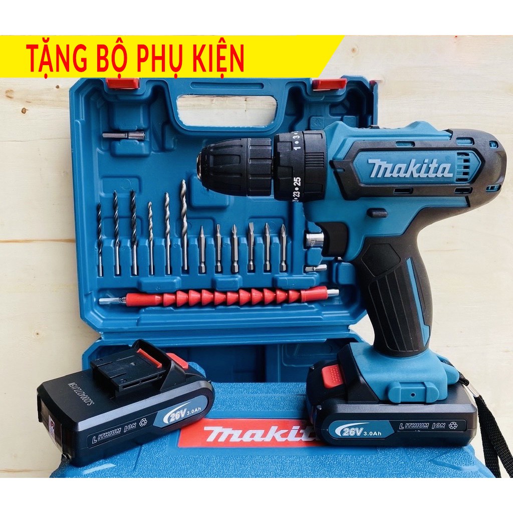 [2 pin – Tặng 24 mũi khoan] Máy Khoan Dùng Pin MKT 26V Có búa Khoan tường