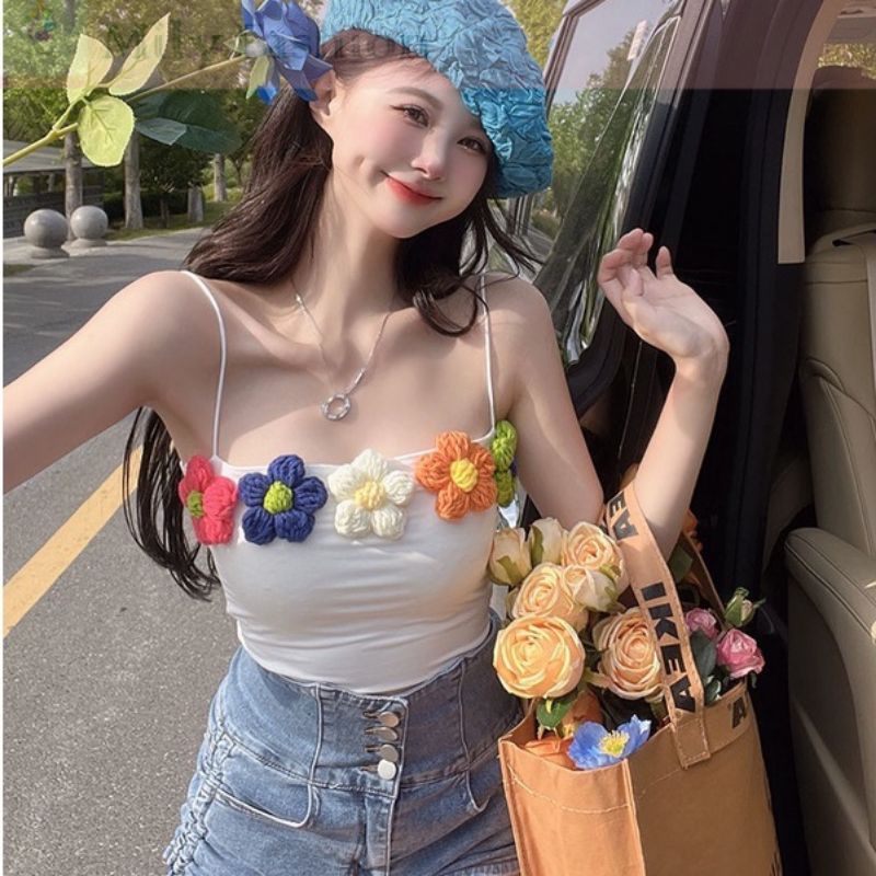 Áo 2 Dây Đính Hoa Len Croptop Thời Trang Nữ Tính