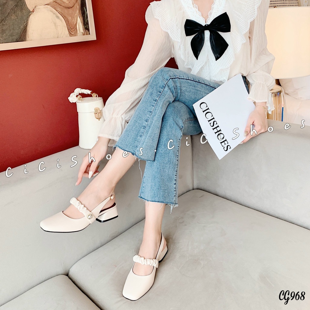 Giày cao gót CiCiShoes quai ngang nhúm ngọc cài hậu hở gót GV 2p - CG968