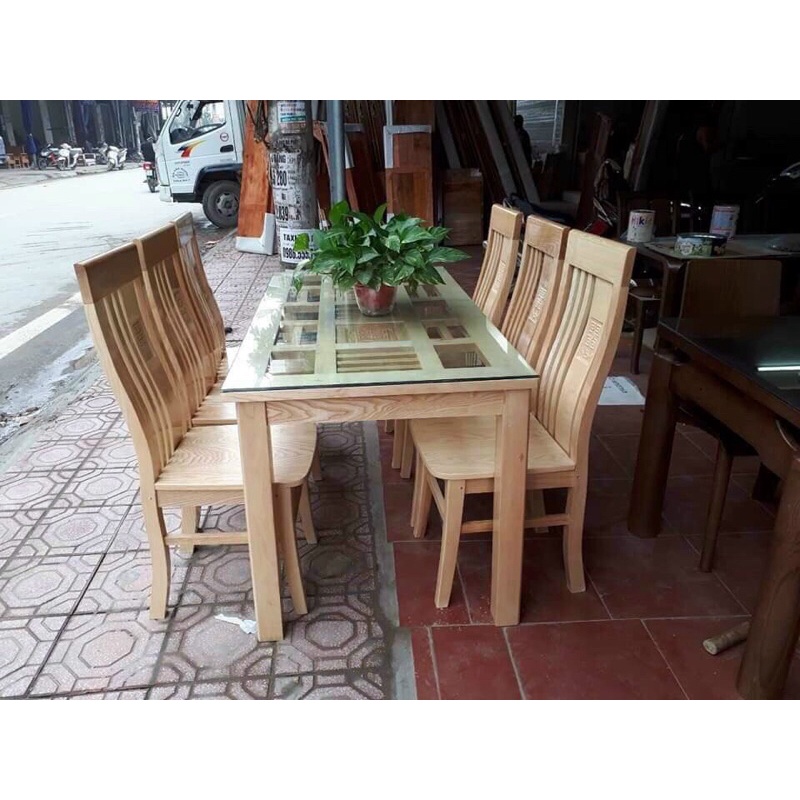 Bộ bàn ăn gỗ sồi nga mặt kính 6 ghế