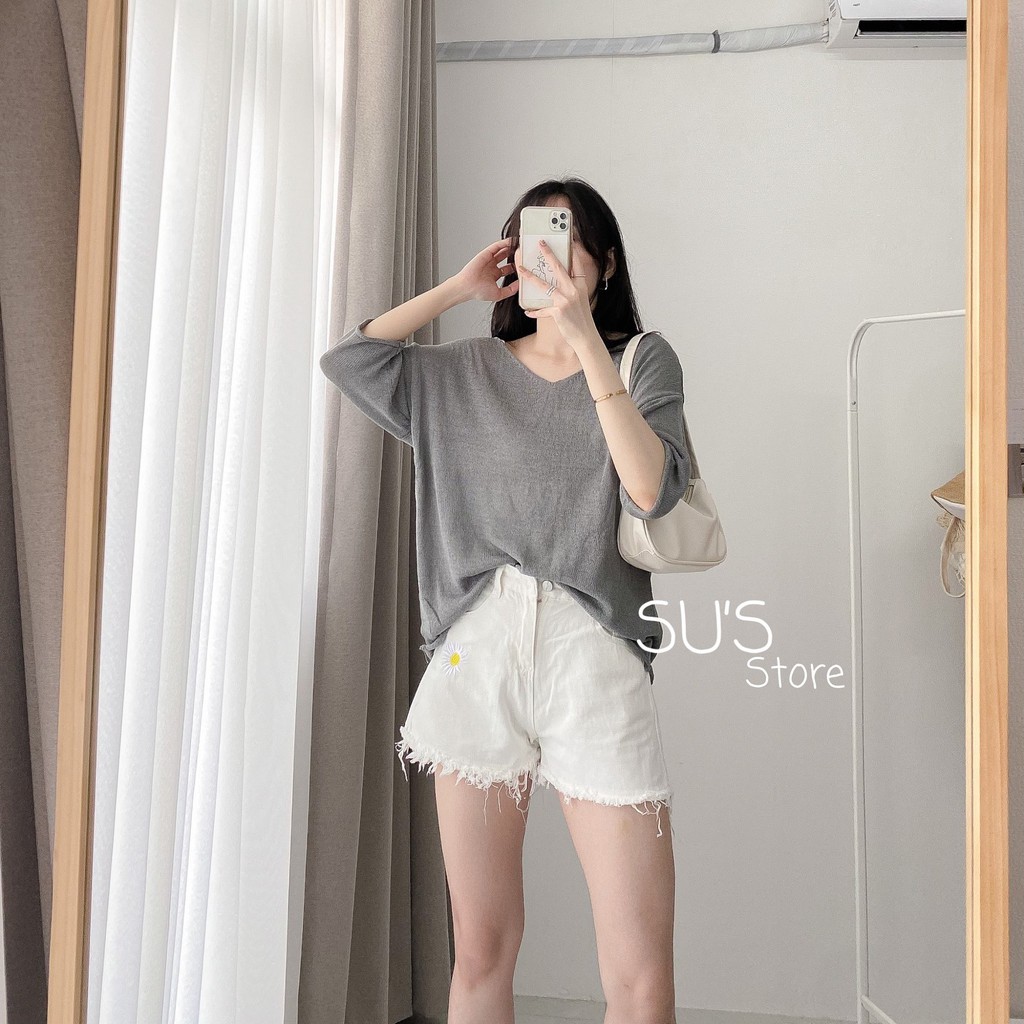 Áo len mỏng trơn xuyên thấu cổ tim tay lửng A1741 SUSTORE