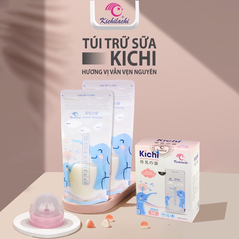 Hộp 50 túi trữ sữa mẹ 250ml Cảm ứng nhiệt hình chú Voi KICHILACHI KICHI K50 - Công Nghệ Nhât-Khoaibaby