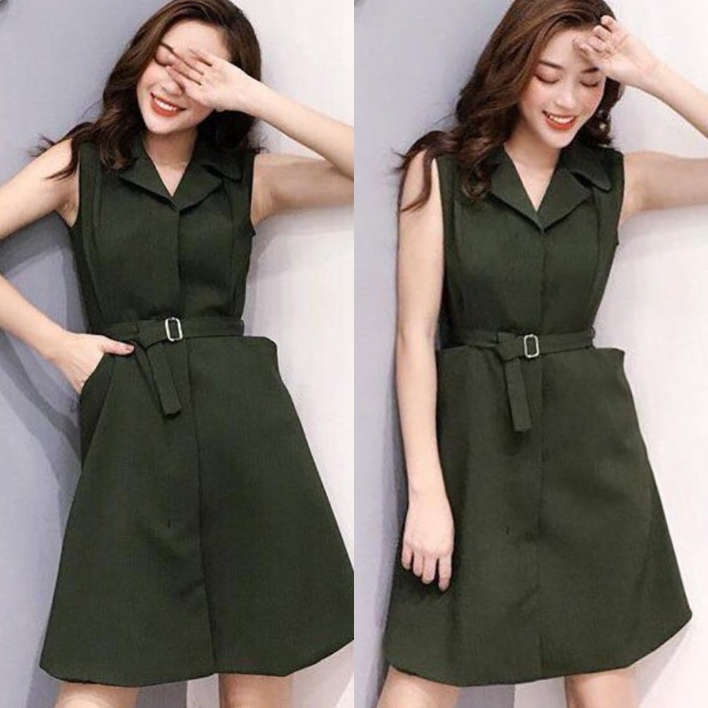 ĐẦM NỮ DỰ TIỆC QUẢNG CHÂU CAO CẤP, DÁNG XOÈ NGẮN ULZZANG, THẮT EO, CỔ VEST, SÁT NÁCH, CHẤT KAKI LỤA (45kg-69kg)