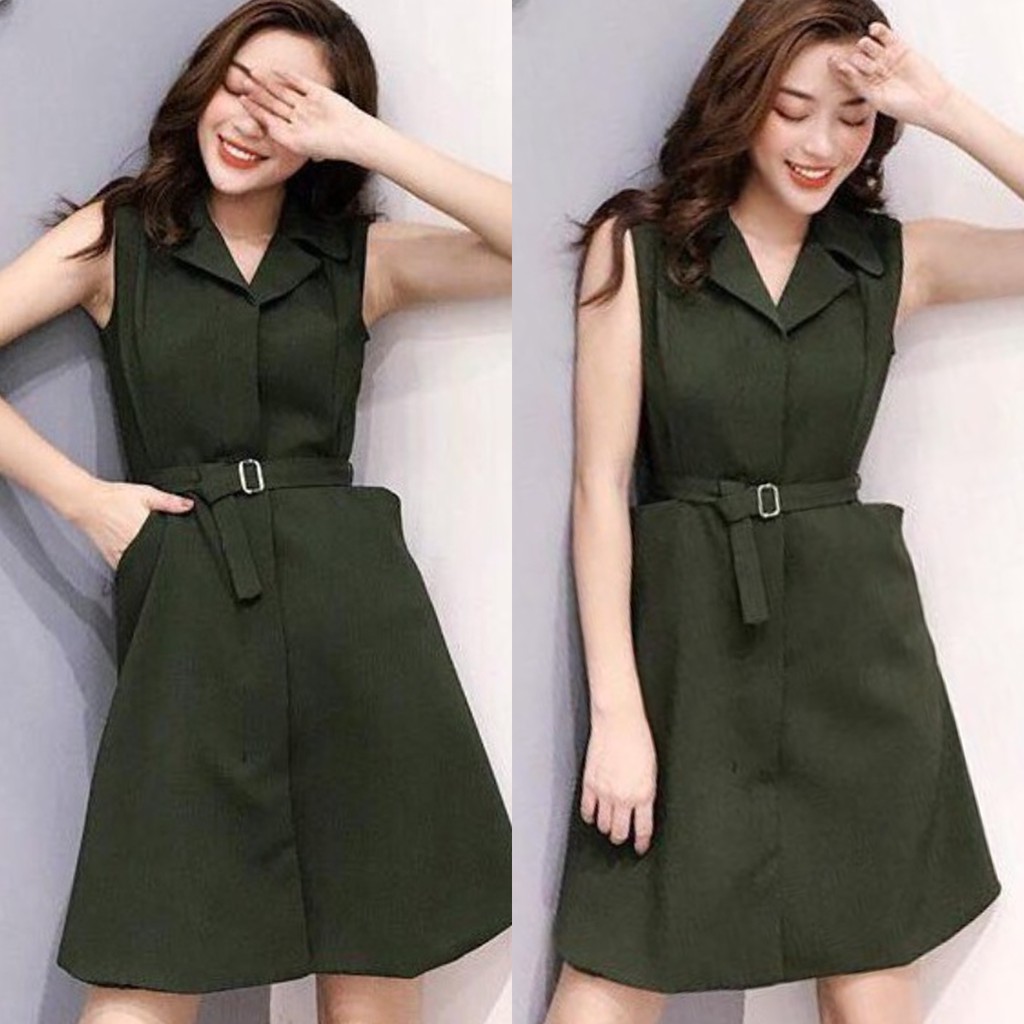 ĐẦM NỮ DỰ TIỆC QUẢNG CHÂU CAO CẤP, DÁNG XOÈ NGẮN ULZZANG, THẮT EO, CỔ VEST, SÁT NÁCH, CHẤT KAKI LỤA (45kg-69kg)