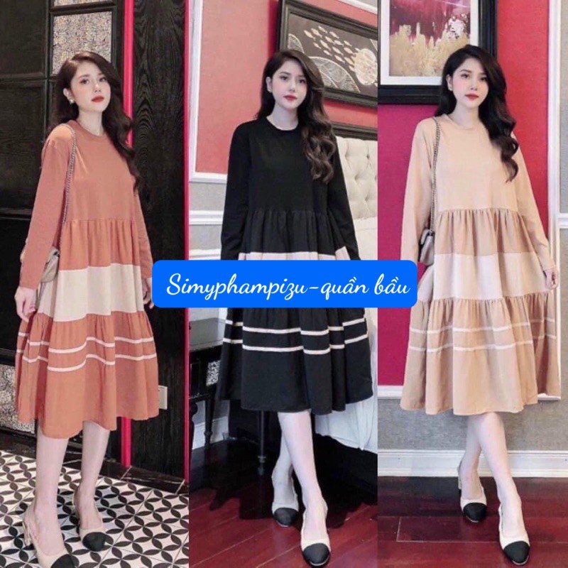 Váy bầu cotton dài tay THU ĐÔNG, xếp tầng v244