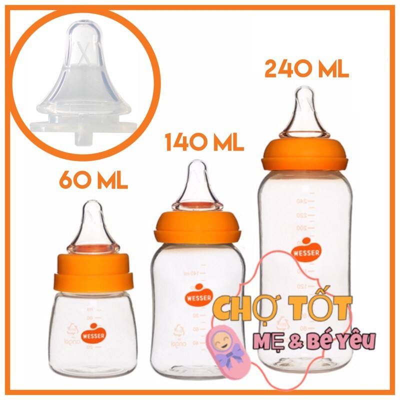 Bình sữa weser cổ hẹp +(Pesu) Wesser  60ml 140ml 250ml phiên bản mới