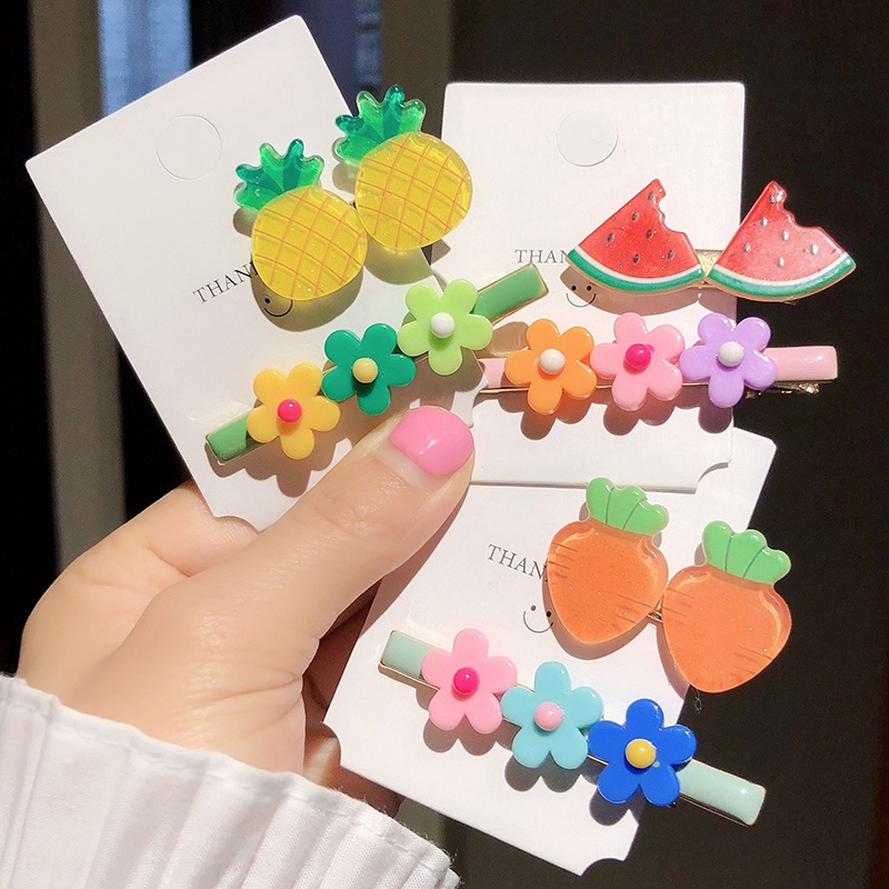 Set 2 Kẹp Tóc Hình Hoa/Trái Cây Màu Sắc Ngọt Ngào Phong Cách Hàn Quốc Cho Bé Gái