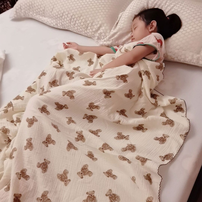 Chăn Quấn Em Bé 2 Lớp Họa Tiết Gấu Muslin Thời Trang Xuân Hè Thoáng Khí