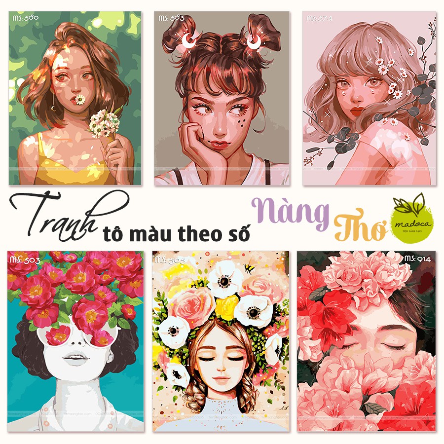 Tranh tô màu theo số Madoca - Tranh sơn dầu số hóa Nàng thơ (Có khung kích thước 40x50cm)