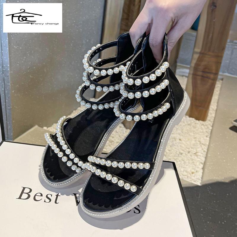 Giày Sandal Đế Bằng Đính Đá Thời Trang Mùa Hè Phong Cách Hàn Quốc Cho Nữ