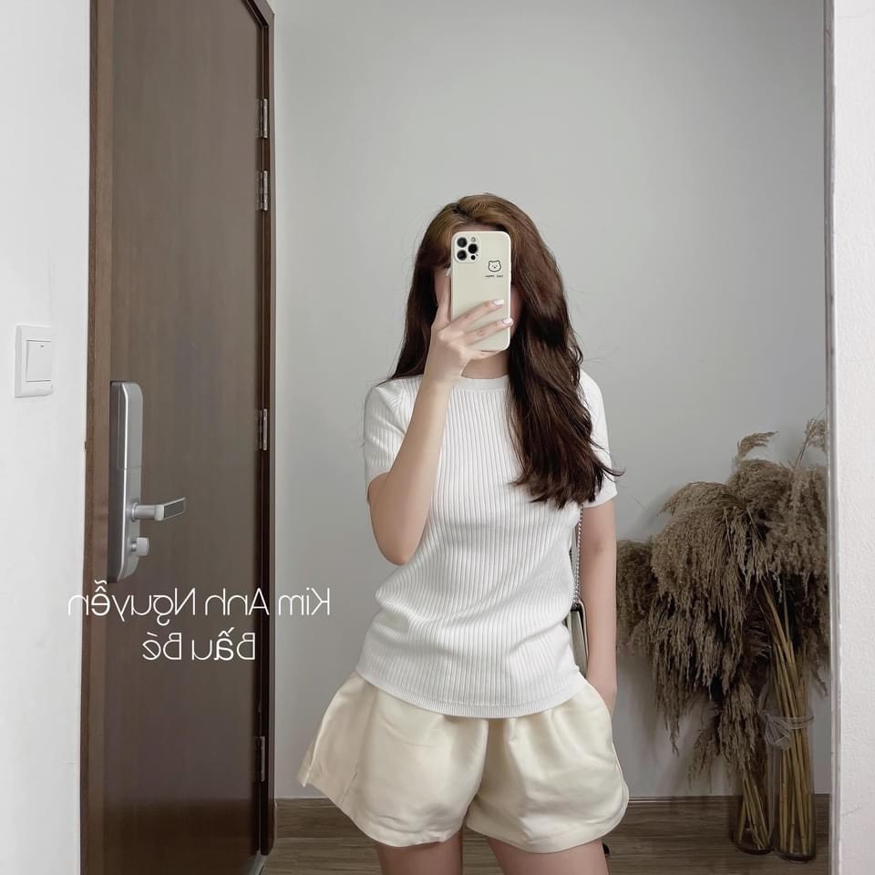 Áo len tăm cộc tay dáng ôm , Áo len sọc đũa cổ tròn hàng đẹp dày dặn - M3029