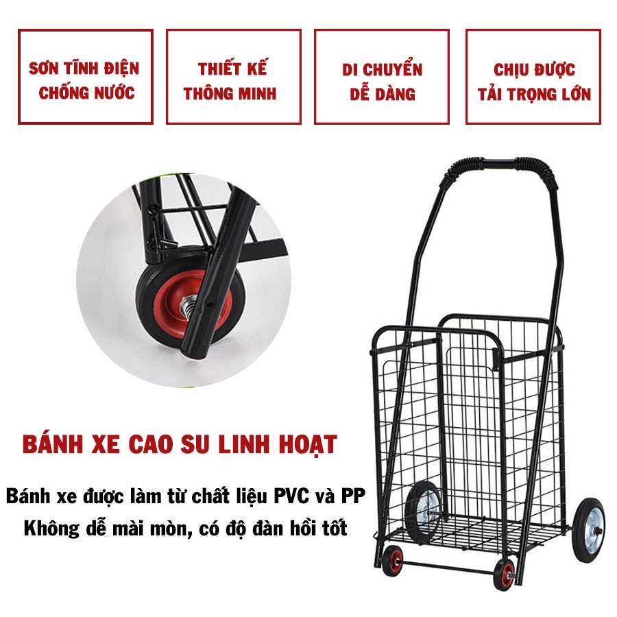 Xe Đẩy Đi Chợ, Xe Kéo Đi Chợ Có Giỏ Hàng Siêu Đẹp Siêu Bền-Black XKD03