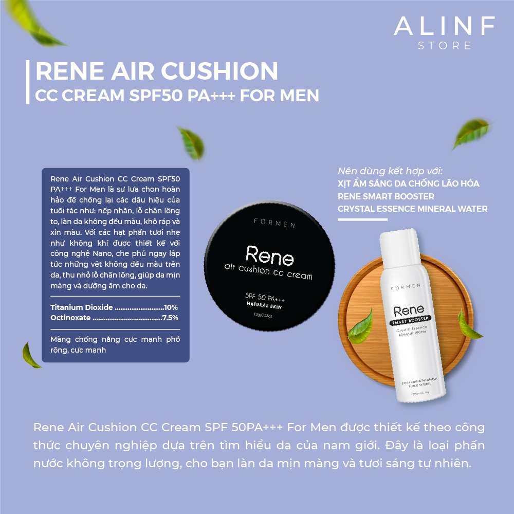 Phấn Nước Che Khuyết Điểm Siêu Mịn Và Chống Nắng Rene Air Cushion CC Cream SPF 50PA+++ cho Nam Giới