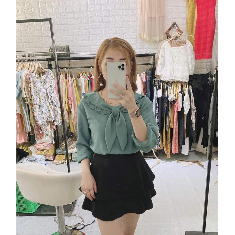 Áo sơ mi cổ tròn thắt nơ tiểu thư màu xanh diu dàng nhẹ nhàng ❣️ kelly boutique❣️