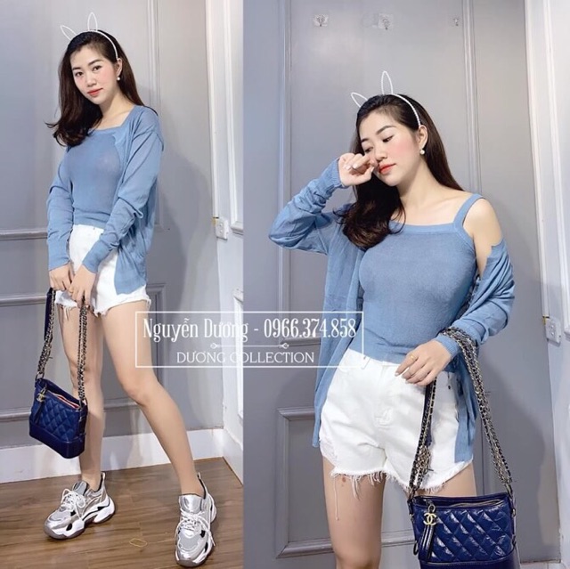 Áo khoác len caligan kèm áo hai dây len Quảng Châu