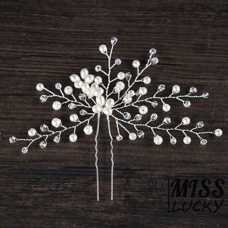 Trâm cài tóc cô dâu trang trí hình hoa lá đính ngọc trai giả thời trang