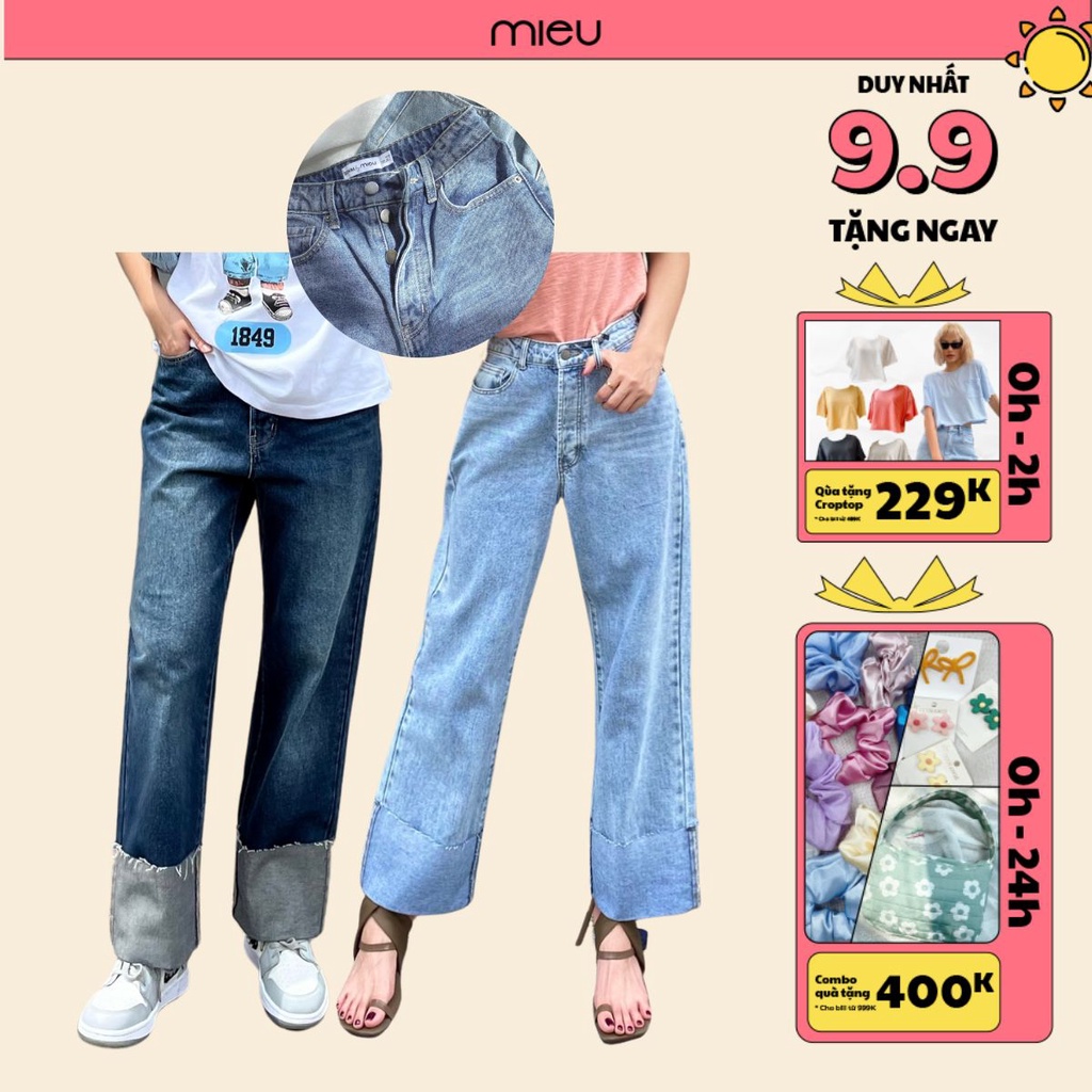 Quần jean nữ suông ống rộng cạp cao gập lai chất dày dặn MIEU - HN08