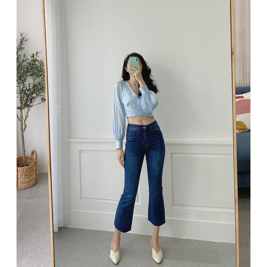 Quần Jeans nữ ống loe lỡ trơn cắt lai xanh đậm phong cách thời trang Five Jeans