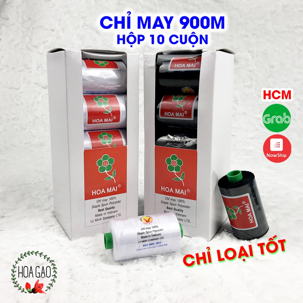 Cuộn chỉ may công nghiệp TRẮNG ĐEN 900m HOA MAI GCH9 phụ kiện may mặc chỉ may quần áo sợi bóng mượt không xù lông
