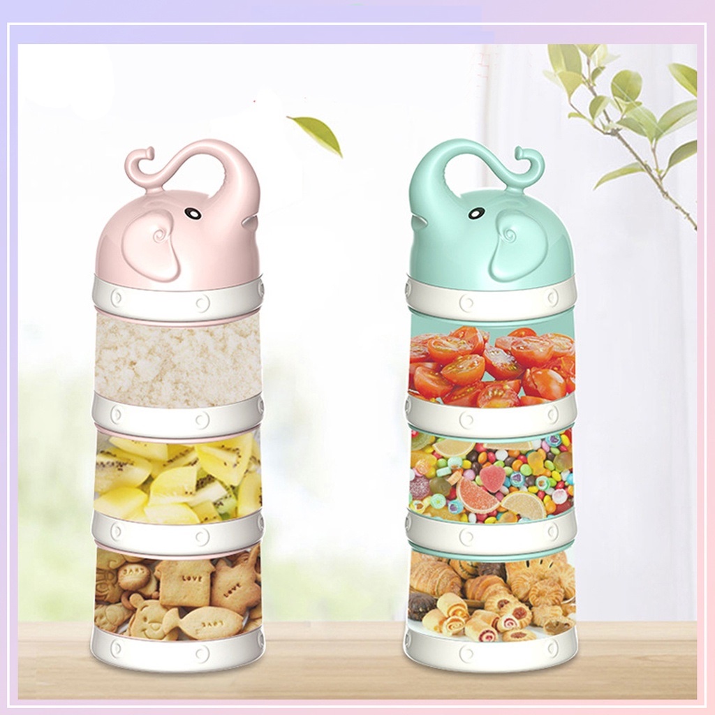 Hộp Chia Sữa Bột Thức Ăn Cho Bé 3 Ngăn Hình Voi Nghộ Ngĩnh Có Móc Thông Minh