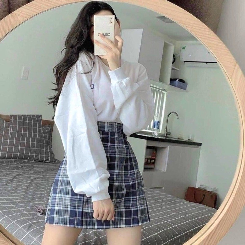 [Rẻ Vô Địch]Set Chân Váy Kẻ Caro Mix Kèm Áo Thun Dài Tay Bồng In Chữ Nhỏ Ulzzang( Có Sẵn, Ảnh Thật) | BigBuy360 - bigbuy360.vn