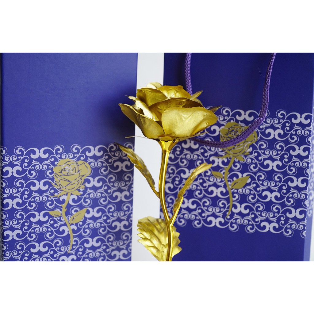 Bộ quà tặng hoa hồng mạ vàng - Bông hồng + hộp + túi