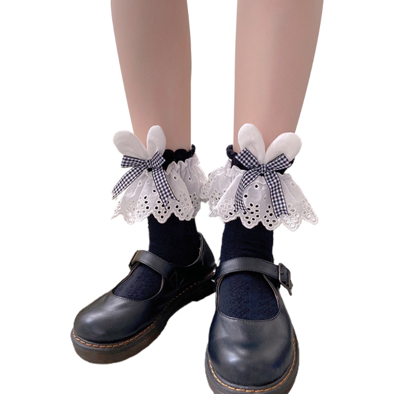 Vớ Cổ Thấp Thêu Họa Tiết Phối Ren Đính Nơ Tai Thỏ Phong Cách Lolita Nhật Bản
