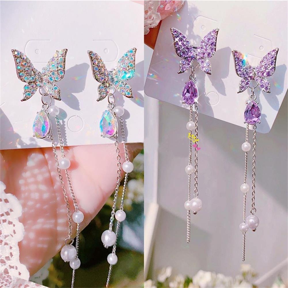 Khuyên Tai Hình Bướm KENT1 Màu Tím|Dây Chuyền Dài Mặt Bướm Đính Đá Thời Trang Cho Nữ