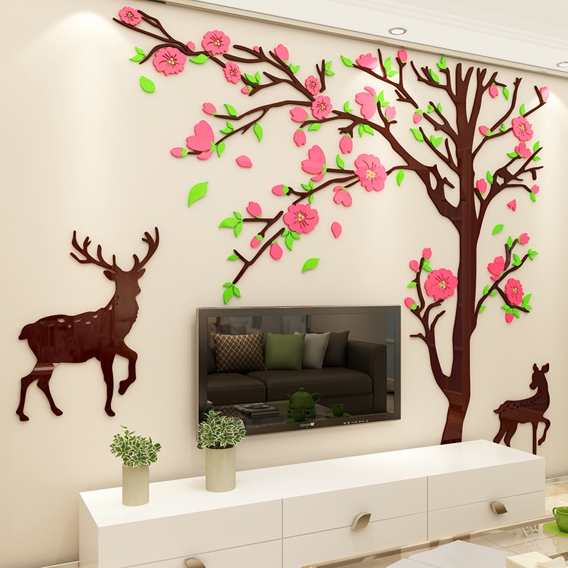 Tranh dán tường mica 3d decor khổ lớn - cây đào hồng, tranh trang trí phòng khách, phòng ngủ Nhiều Size - EPeBen