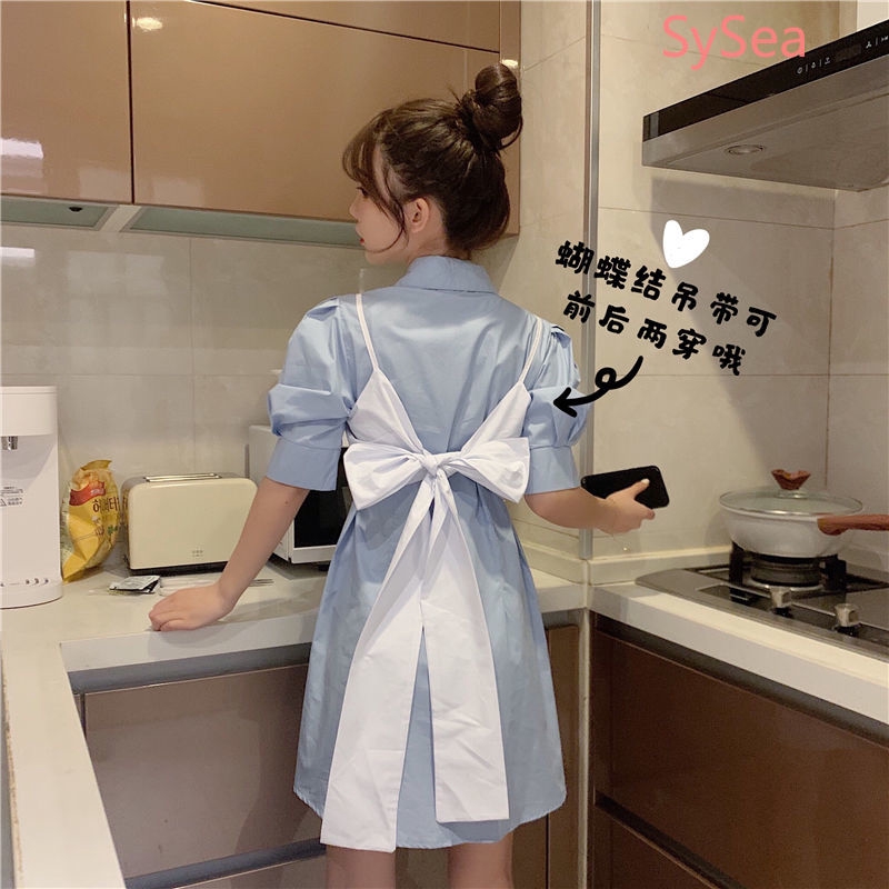 Women Retro Puff Sleeve Shirt + Sling Bow Tie Bandage Short Sleeve Shirt Dress