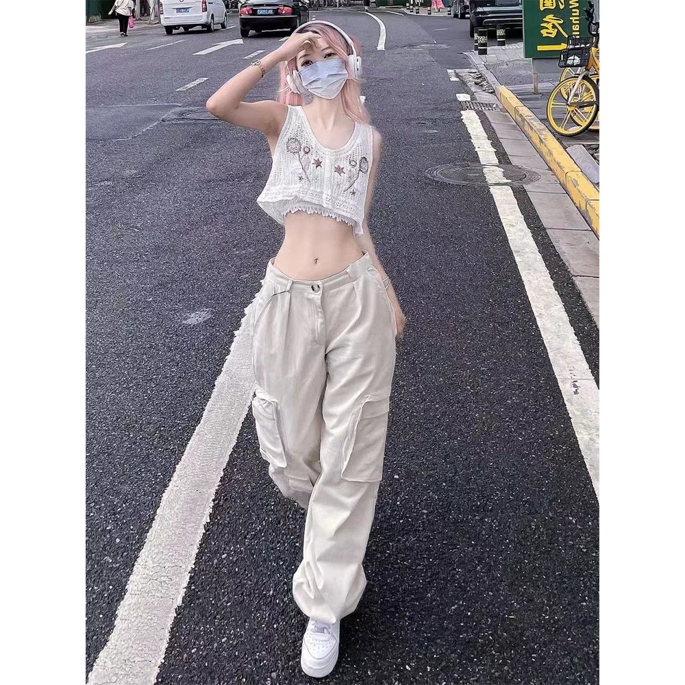 Quần Dài Ống Rộng Lưng Cao Phối Dây Rút Phong Cách Hip Hop Mỹ Thời Trang Mùa Hè Cá Tính Cho Nữ