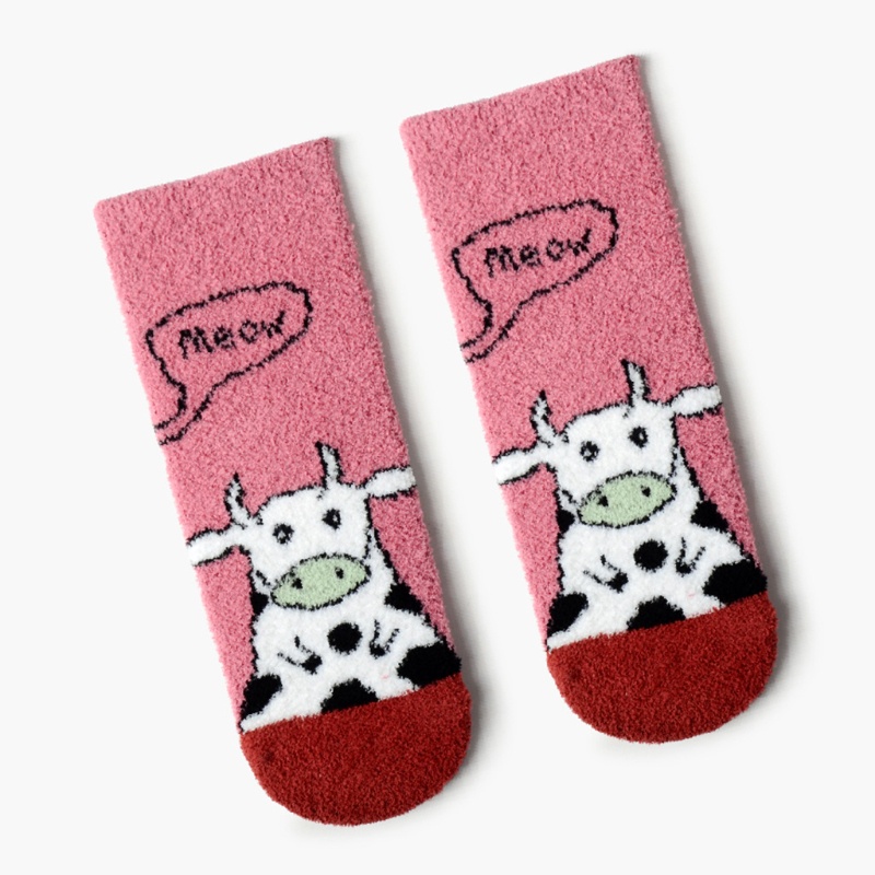 Vớ Nhung San Hô Dày Dặn Ấm Áp In Họa Tiết Bò Sữa Hoạt Hình Dễ Thương Cho Nữ