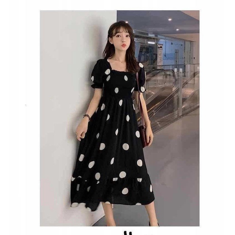 Đầm Dài Tay Phồng Họa Tiết Chấm Bi Phong Cách Mới Dành Cho Nữ