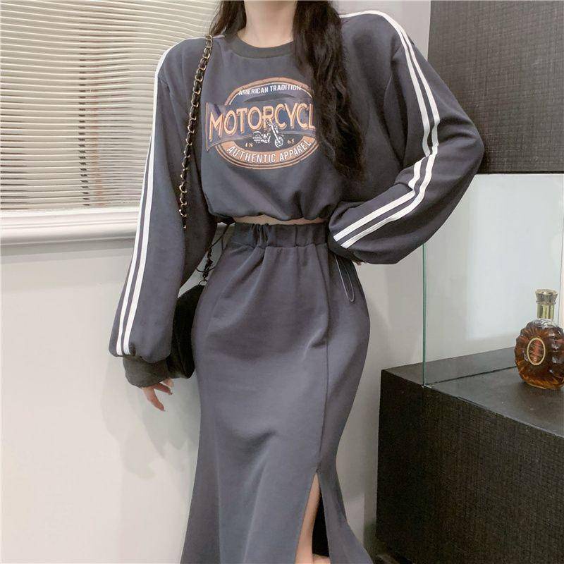 Áo Len Ngắn Dây Rút Váy Xẻ Eo Cao Bộ Đồ Hai Mảnh Thời Trang Cho Nữ