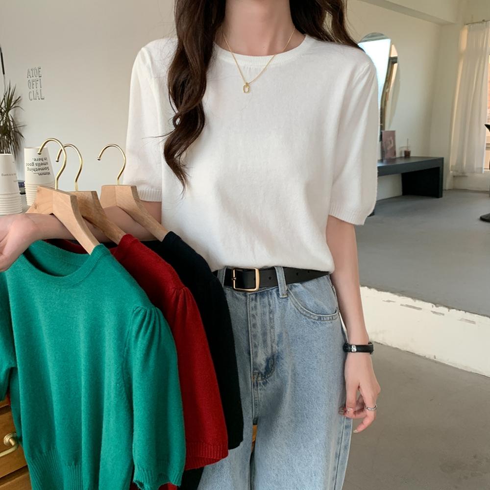 Áo Thun Dệt Kim Tay Ngắn Cổ Tròn Màu Trơn Phong Cách Mới 50195