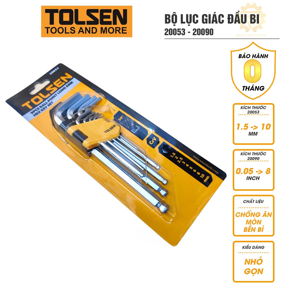 Lục giác đầu bi TOLSEN hợp kim thép chống gỉ đủ size 20053 9 kích cỡ, 20090 13 kích cỡ dụng cụ sữa chữa