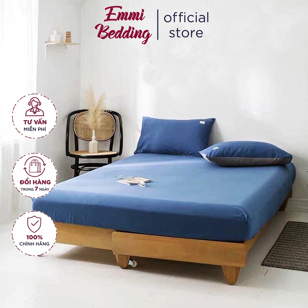 Bộ Ga giường, ga gối TC trơn màu xanh dương đậm EmmiBedding gồm 1 ga và 2 áo gối nằm